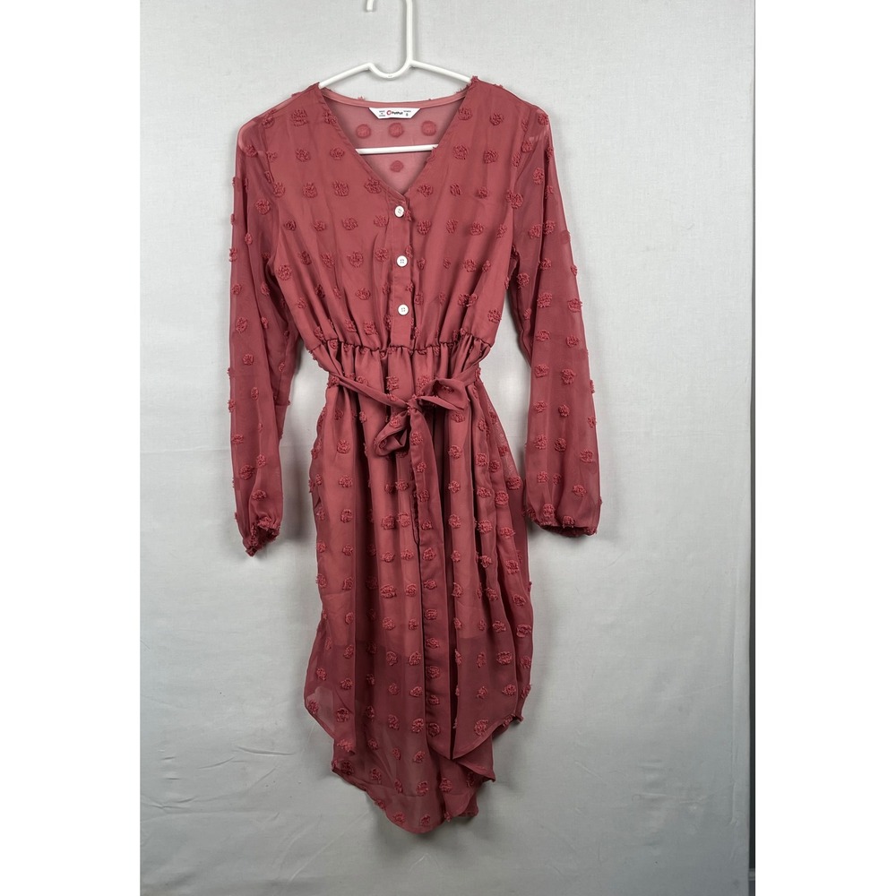 PatPat Swiss Dot Dress Womens Small Long Sleeve High Low V-Neck Pink 2041
